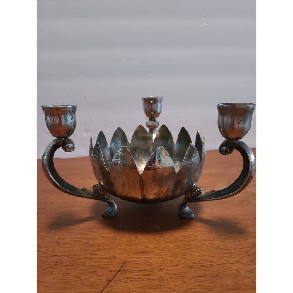 Vintage Silver Plate Lotus Candle Holder Flower Vase Centerpiece 3-Arm Hong Kong